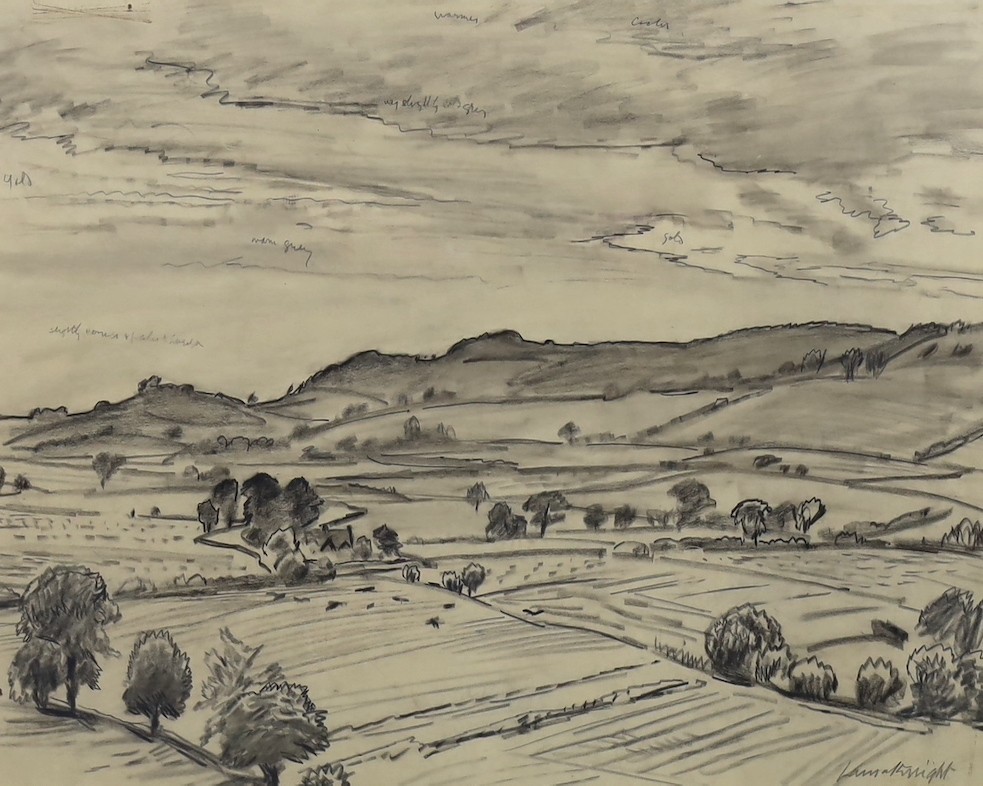 Dame Laura Knight (British, 1877-1970), Kentish landscape, pencil and charcoal preparatory study, 43 x 54.5cm